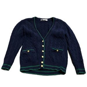 Vintage Robin Sinkler Preppy Cable Knit Argyle Sweater Cardigan Navy/Green Small